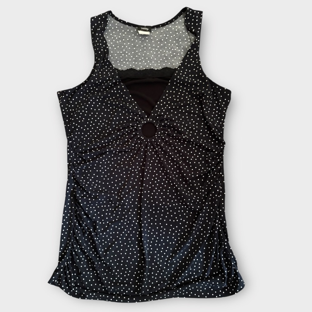Vintage Y2K Vanity Black White Polka Dot Ruched Lace Fitted Tank Top Size L
